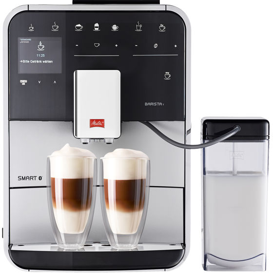 Melitta® Kaffeevollautomat Melitta Barista T Smart Silber 6761413 1 – Studio product image of silver smart coffee machine with dual spouts